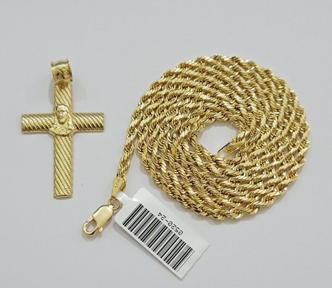 10k Yellow Gold Rope Chain Jesus Cross Charm Pendant Set 18 - 28'' Inches Necklace - GoldenlinQ